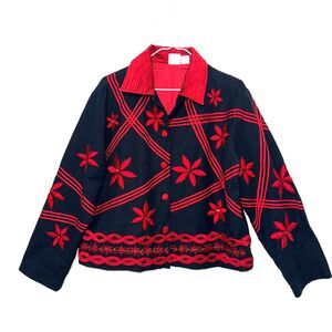 VTG Bleu Bayou Twill Beaded Embroidered Jacket Corduroy Collar - Black/Red L